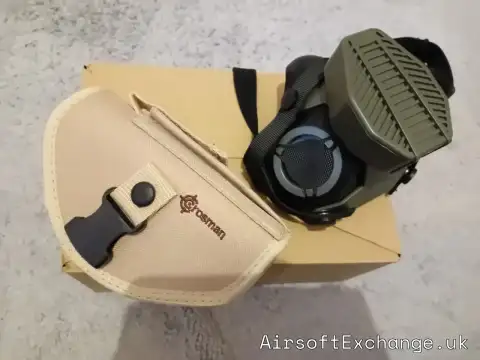 Respirator mask and Crosman pistol holster